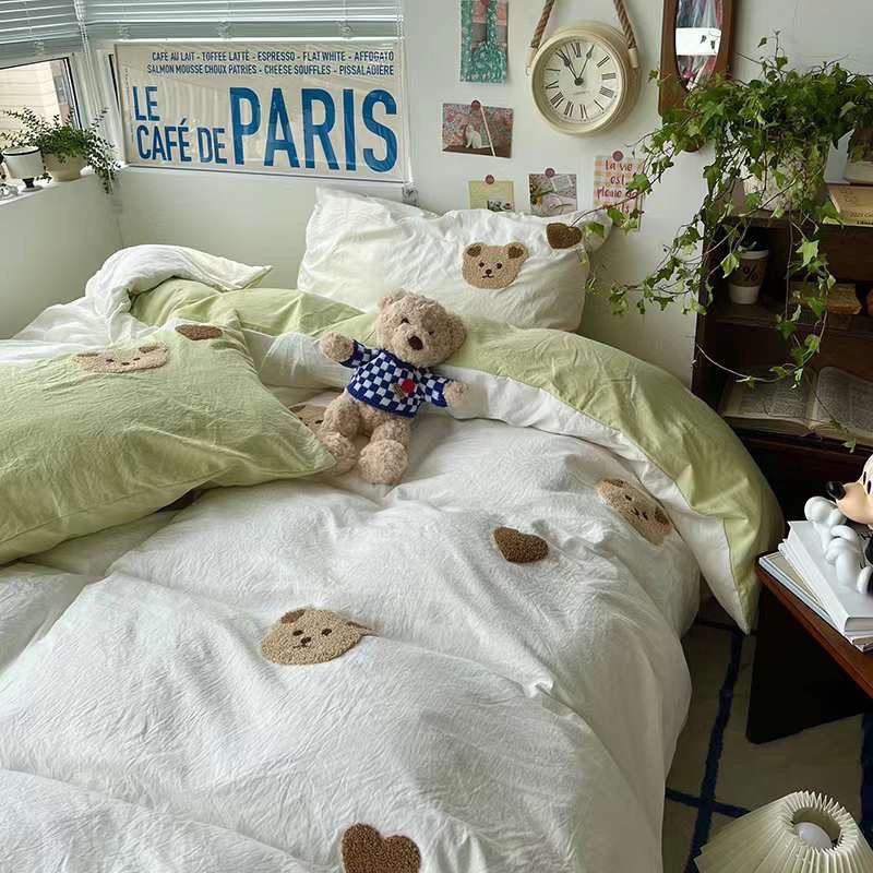 Bộ Chăn Ga Gối Cotton Đũi Thêu Gấu Bear cute Đáng Yêu