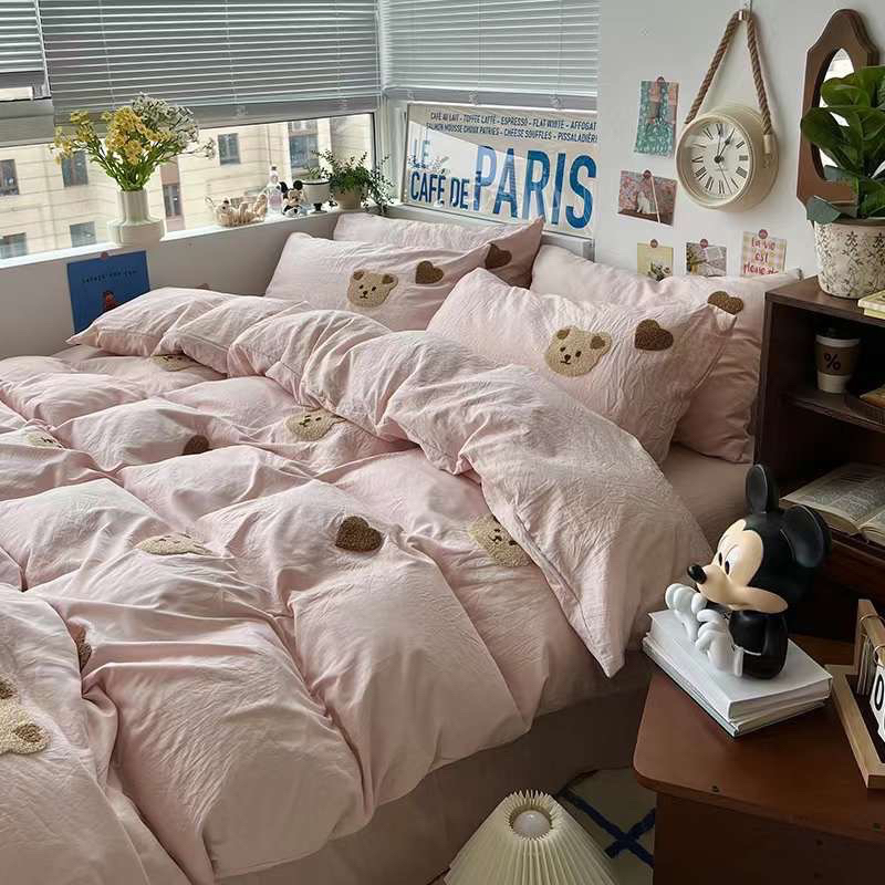 Bộ Chăn Ga Gối Cotton Đũi Thêu Gấu Bear cute Đáng Yêu