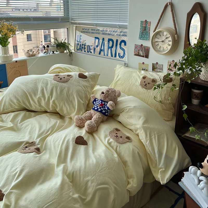 Bộ Chăn Ga Gối Cotton Đũi Thêu Gấu Bear cute Đáng Yêu