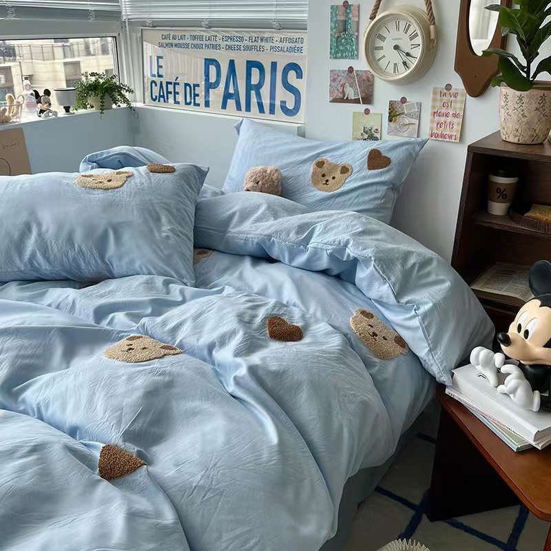 Bộ Chăn Ga Gối Cotton Đũi Thêu Gấu Bear cute Đáng Yêu