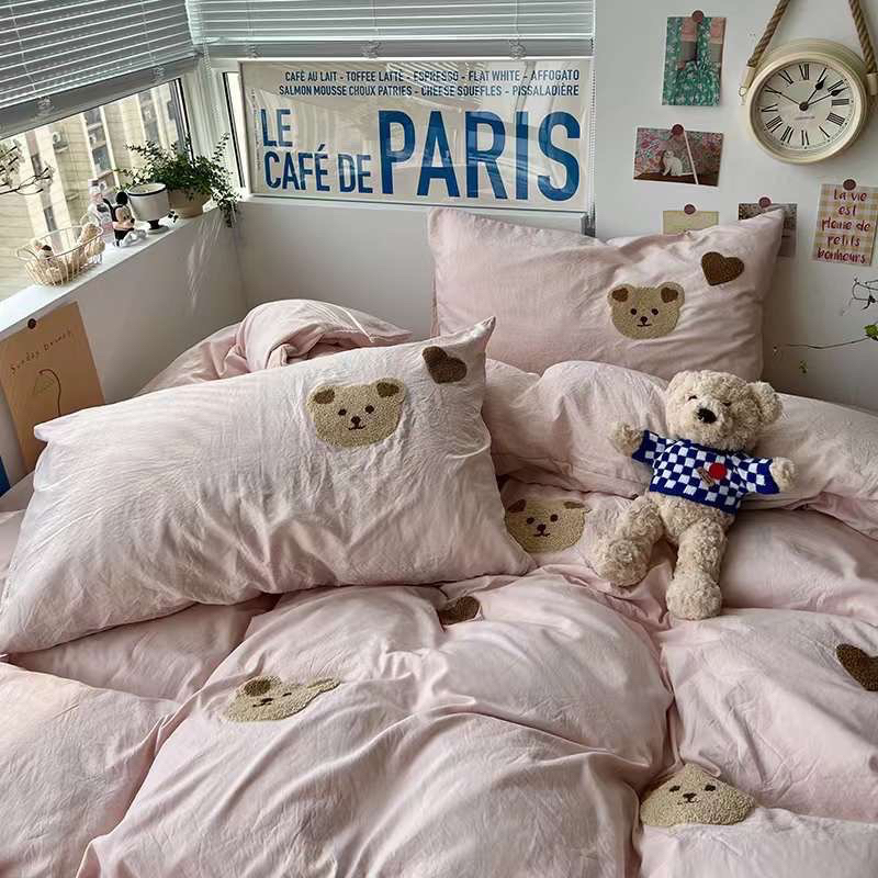 Bộ Chăn Ga Gối Cotton Đũi Thêu Gấu Bear cute Đáng Yêu