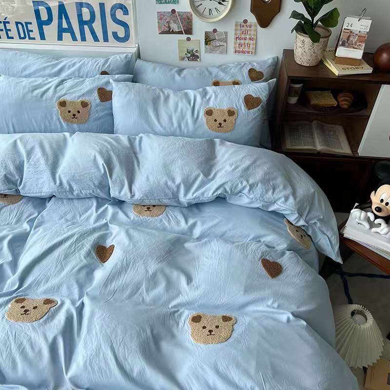 Bộ Chăn Ga Gối Cotton Đũi Thêu Gấu Bear cute Đáng Yêu