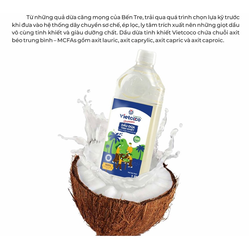 Dầu Dừa Vietcoco Tinh Khiết Organic Chai pet 500ml,1000ml