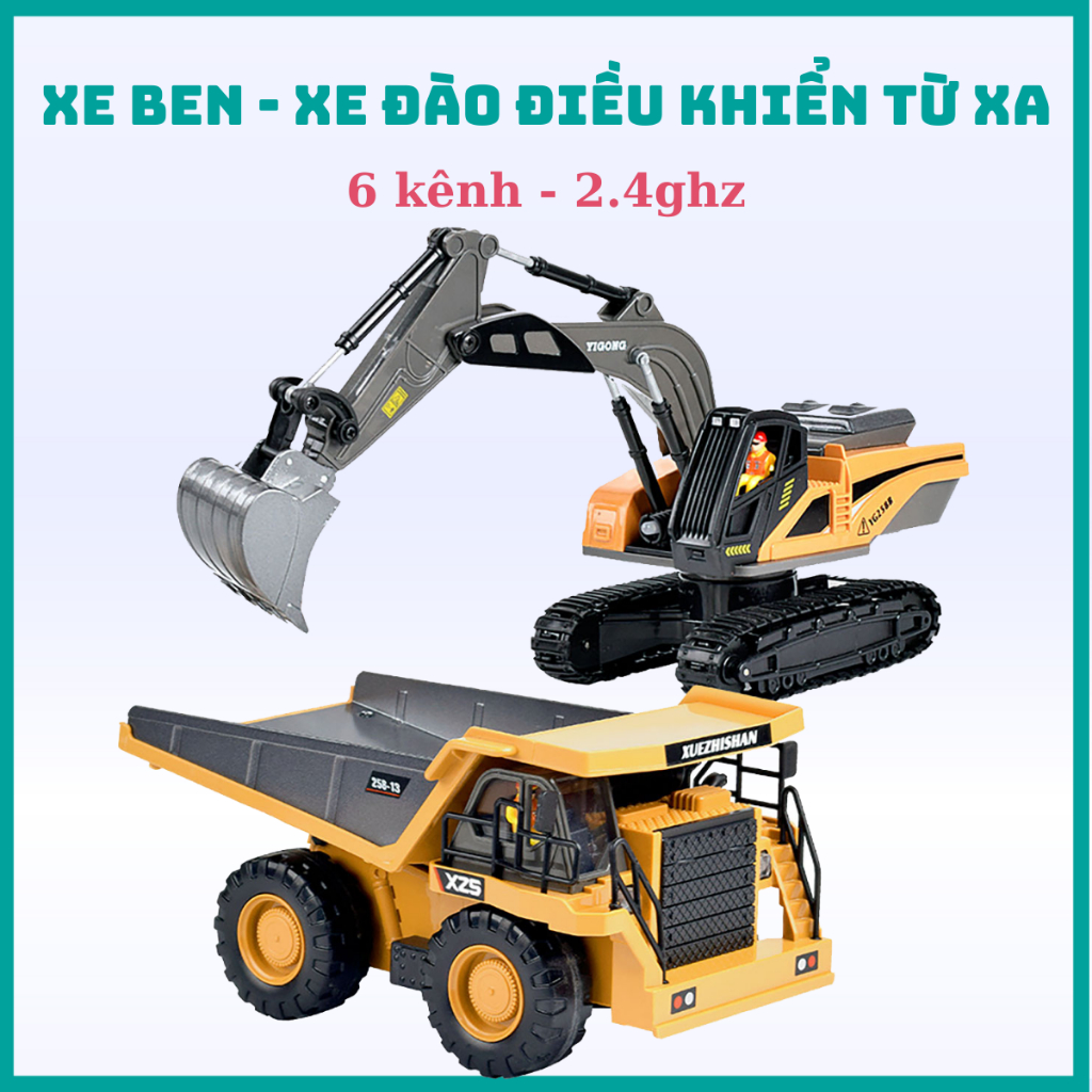 Combo Xe Ben, Máy Xúc Điều Khiển Từ Xa 6 Kênh, Băng Tần 2,4Ghz Tầm Điều Khiển Xa