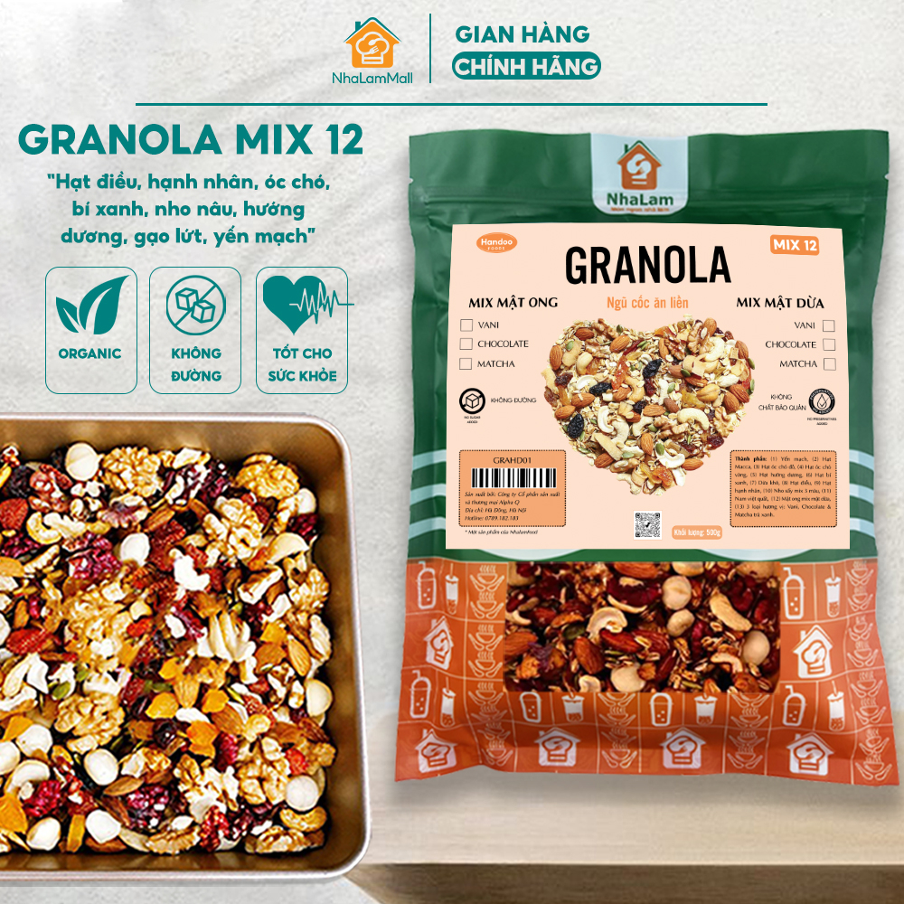 Granola Siêu Hạt Mix 12, Ngũ Cốc Mix 11 100% Hạt Không Yến Mạch NHALAM FOOD Mật Dừa Thêm Hạnh Nhân, Hạt Macca, Hạt Điều