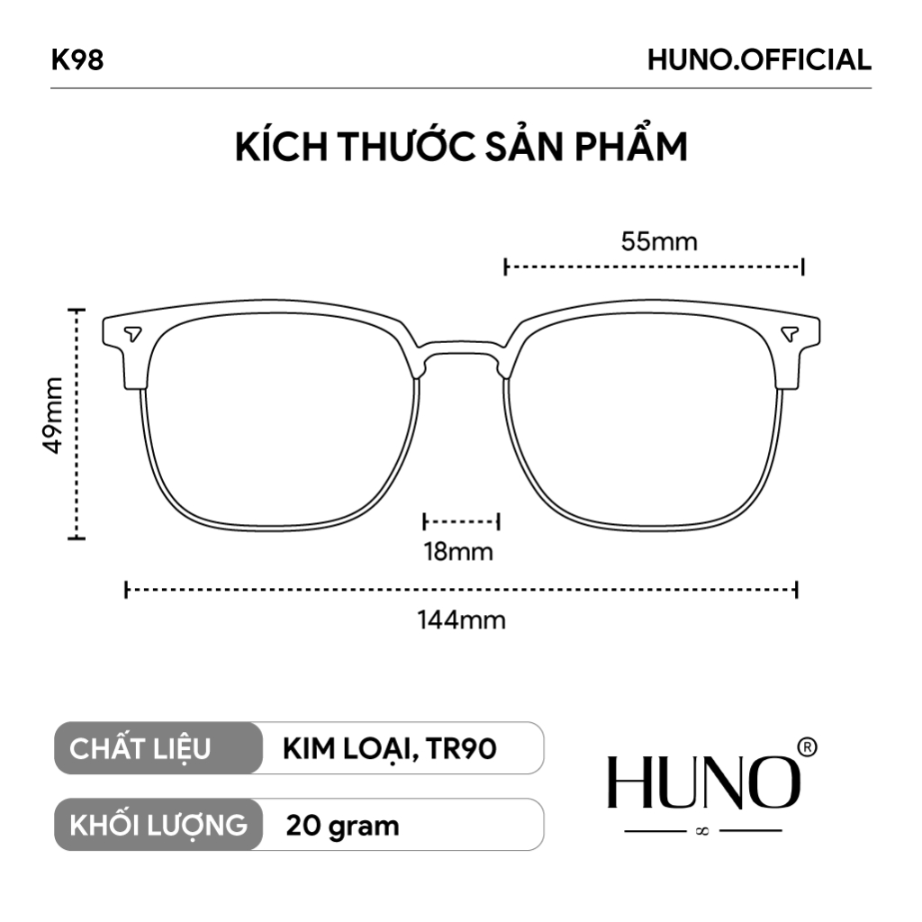 Kính mắt nam nữ gọng trong HUNO, khung kim loại kiểu dáng trẻ trung cá tính - K98