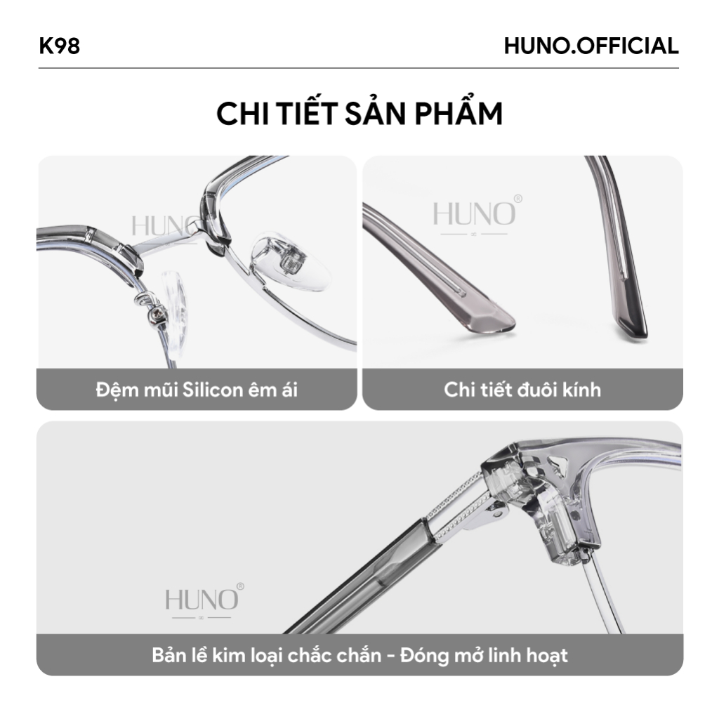 Kính mắt nam nữ gọng trong HUNO, khung kim loại kiểu dáng trẻ trung cá tính - K98