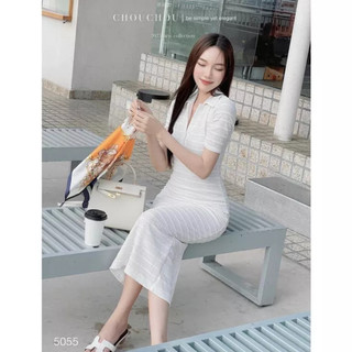 Đầm thun body tay ngắn cổ sơ mi phối nút đi phố