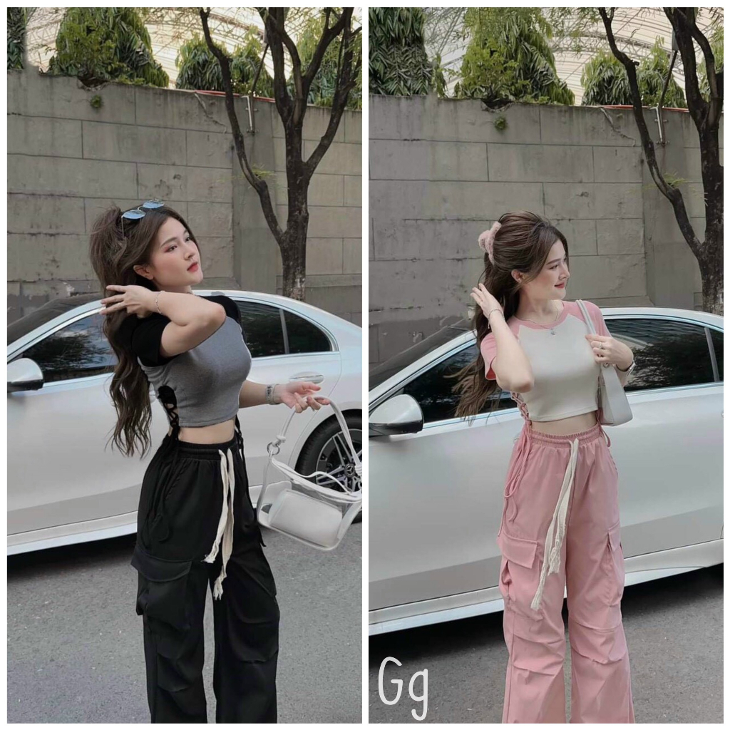 Sét bộ áo tay ngắn croptop tay màu phối quần dài túi hộp ống rộng cực hot , chất gân phối tuyết mưa dày dặn