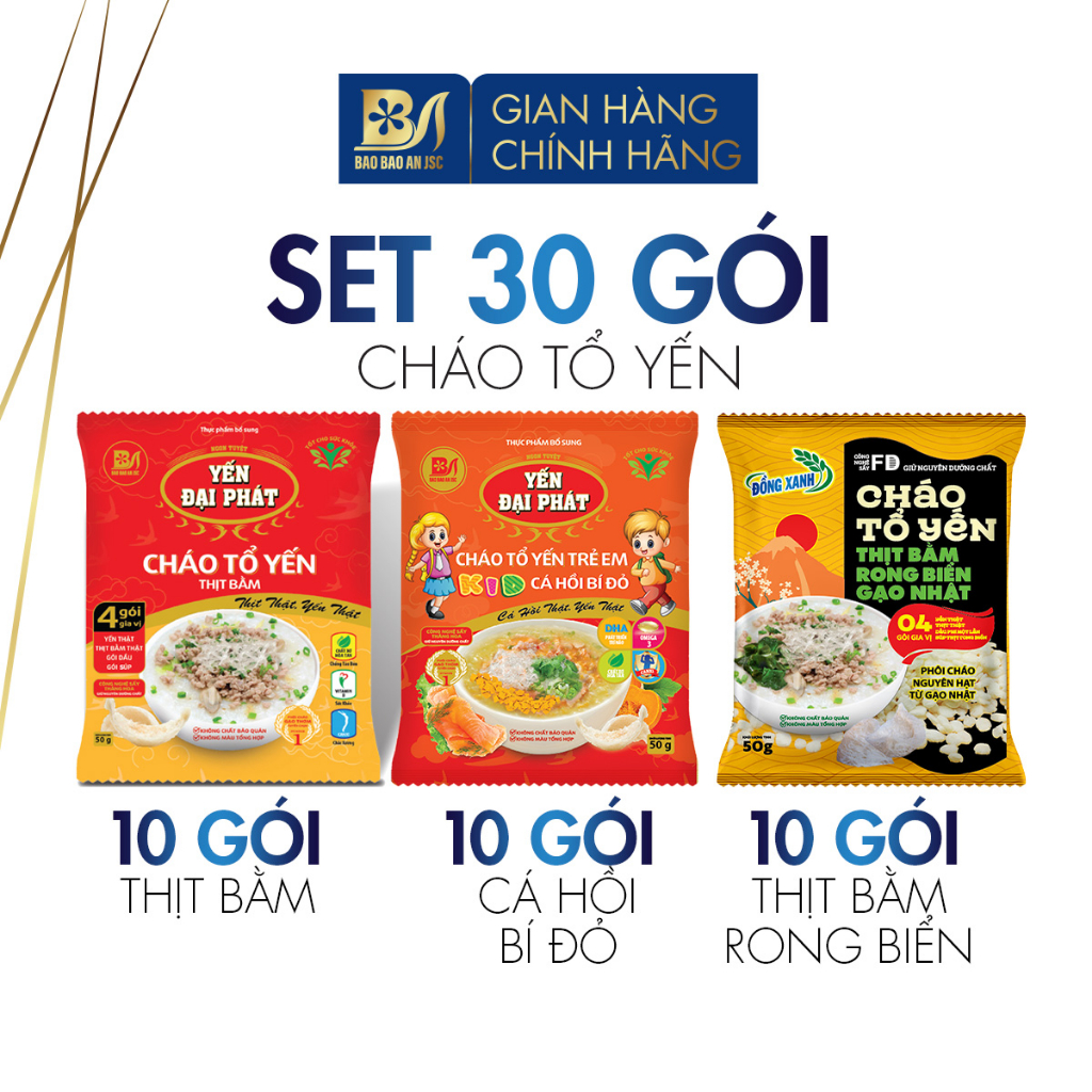 Set 30 Gói Cháo Mix Vị Tổ Yến Thịt Bằm, Cá Hồi Bí Đỏ, Rong Biển Gạo Nhật - Yến Đại Phát