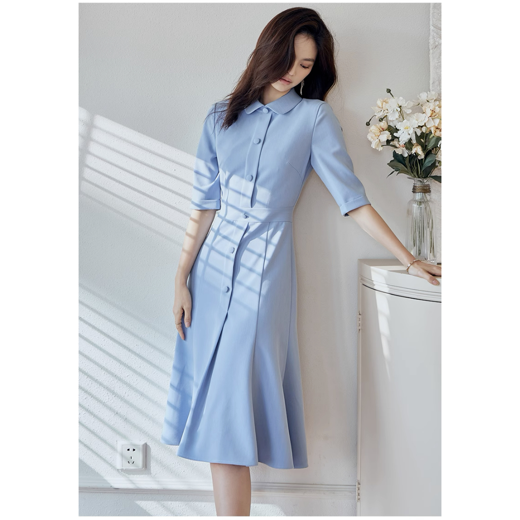Đầm xanh nút bọc cổ sơ mi tay lửng dáng xếp đuôi cá