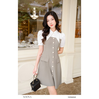 Đầm sơ mi cổ trắng tay phồng chất chéo ghi YOONA - YH10A040