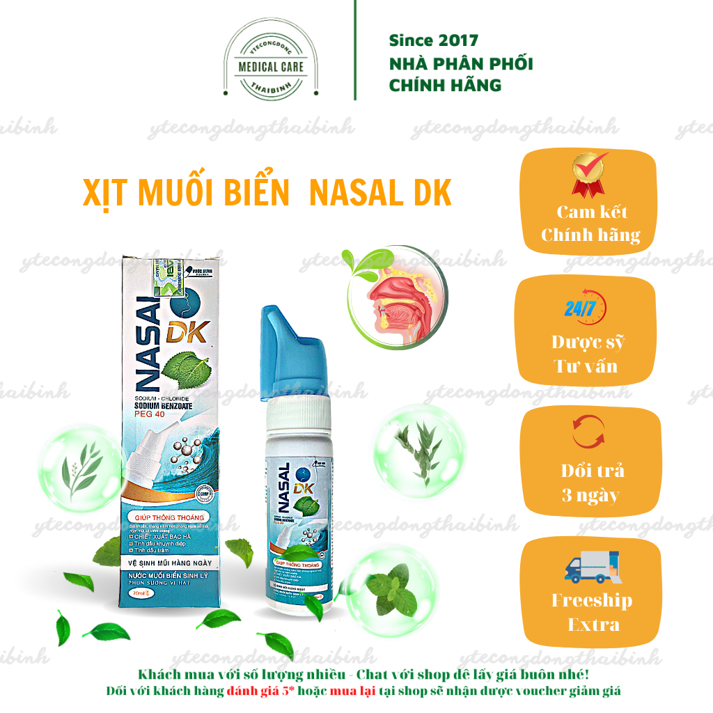 Xịt muối biển NASAL DK KHÔNG VỎ giúp làm sạch thông thoáng mũi phòng ngừa các bệnh đường hô hấp cho trẻ từ 3 tháng tuổi