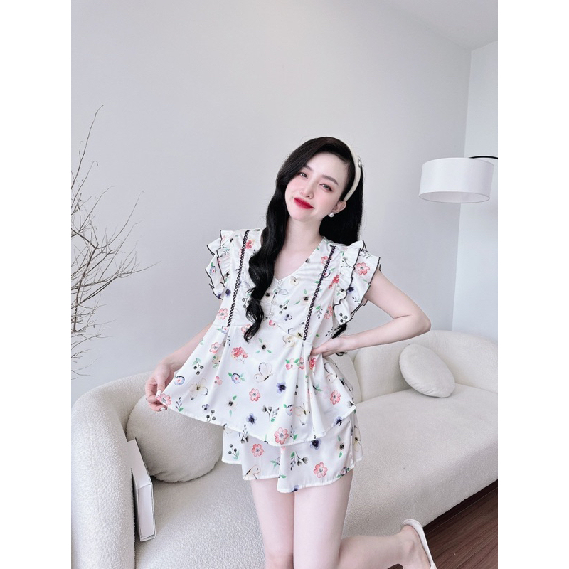 Đồ Bộ Nữ Trúc My lụa Latin cao cấp, quần có túi, tay cánh tiên, Freesize < 60kg
