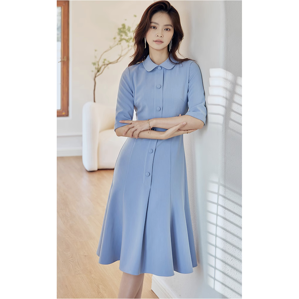 Đầm công sở tay lửng cổ sơ mi dáng đuôi cá màu xanh