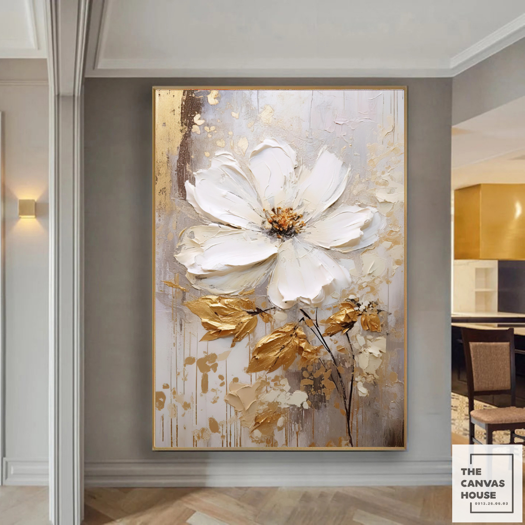 Tranh in Canvas Hoa Trắng Trừu Tượng (Hình thật tại xưởng - Đã có khung, móc, đinh treo) - The Canvas House