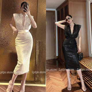 Set váy đầm đính kim tuyến bling bling, chân váy bút chì dáng đuôi cá ôm body, áo sơ mi đính kim tuyến lấp láng kim sa