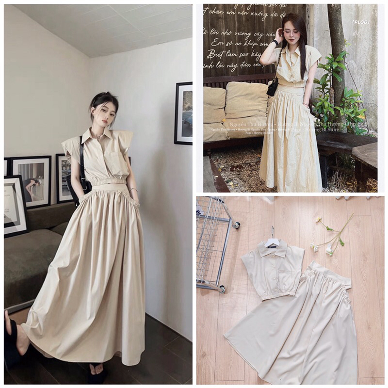 ⚡Bán sỉ⚡Set áo chun gấu phối chân váy dúm túi màu be
