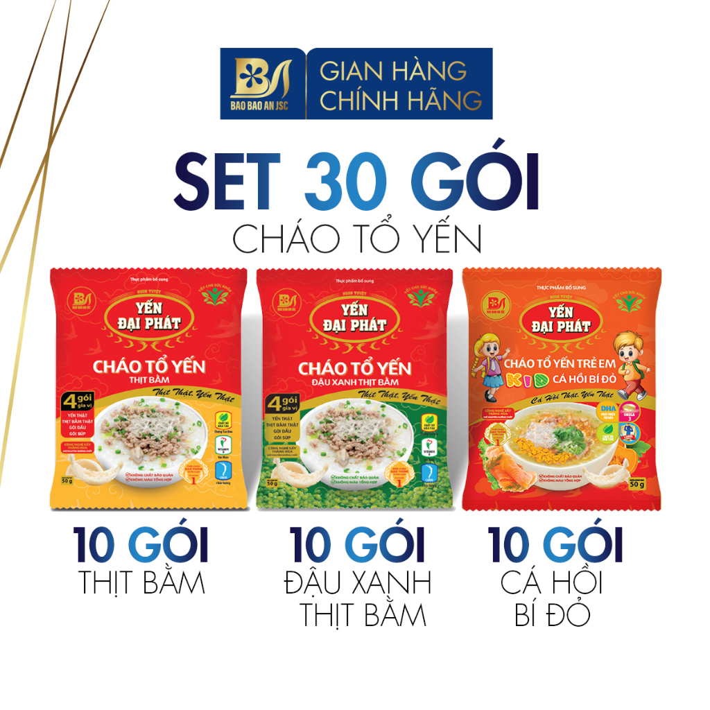 Set 30 Gói Cháo Mix Vị Tổ Yến Thịt Bằm, Đậu Xanh Thịt Bằm, Cá Hồi Bí Đỏ