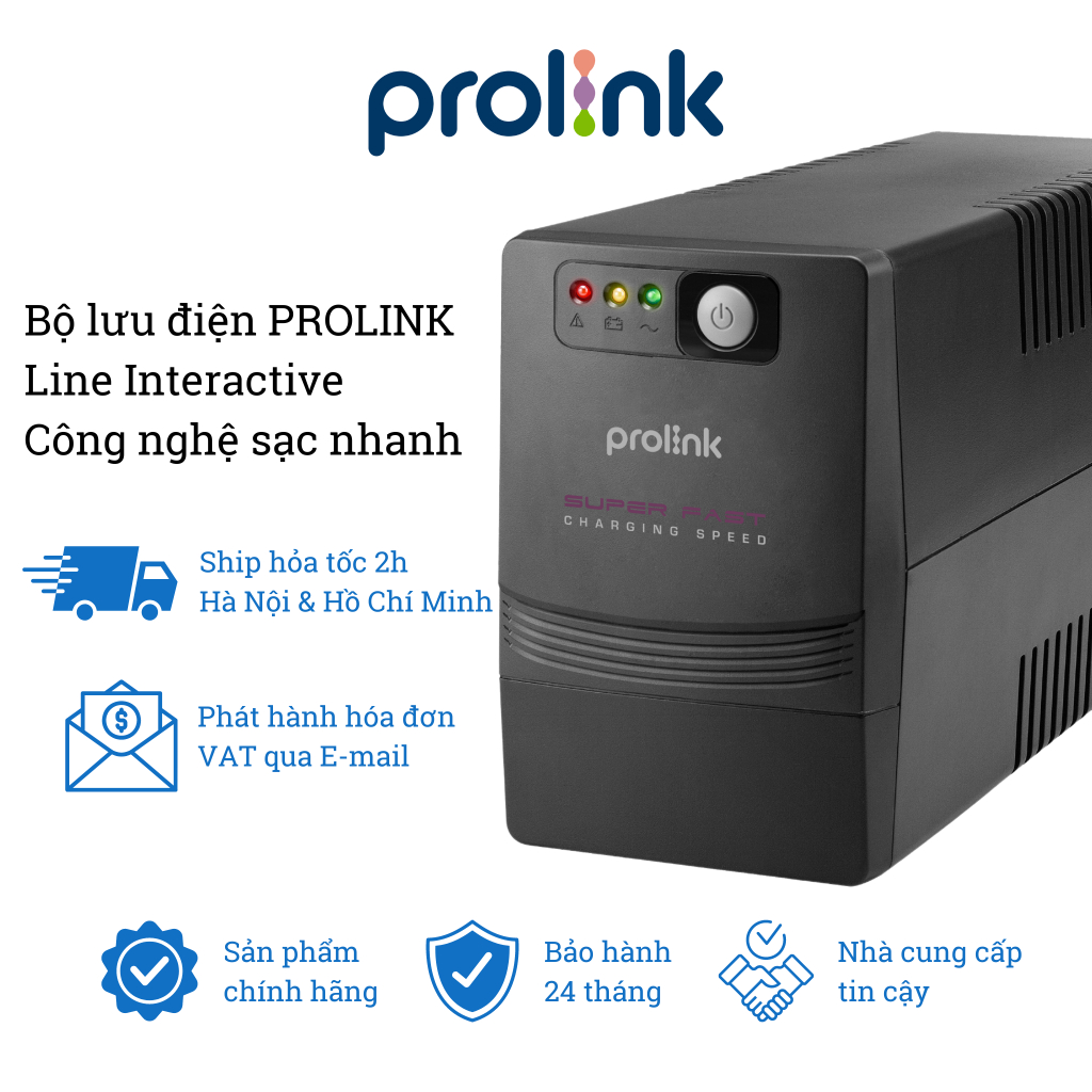 Bộ lưu điện UPS PROLINK PRO1201SFC  công suất 600W, tích hợp bộ AVR, sạc siêu nhanh, dùng cho PC, Camera, Wifi