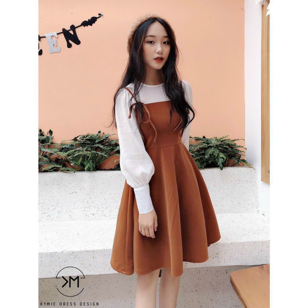 Set bộ yếm váy cát hàn phồng 2 chi tiết, váy hai dây xòe phong cách tiểu thư