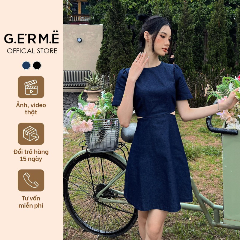 Váy jean nữ GERME vvnt062305 cổ tròn ngắn tay eo xẻ hai bên dáng xòe hàng thiết kế