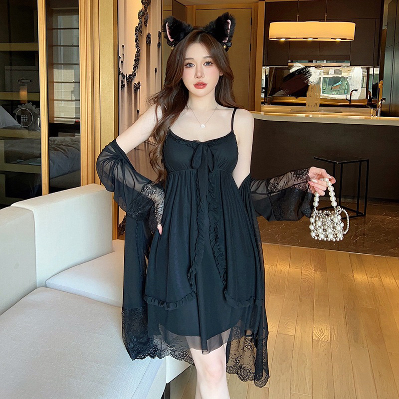 Đầm Ngủ Hai Dây Kèm Khoác Màu Đen