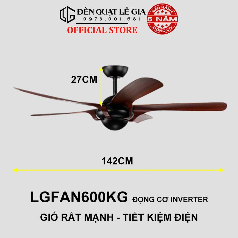 Quạt trần hiện đại LÊ GIA LGFAN600 - Chiều cao 27cm - Sải cánh 142cm - Bảo hành 5 năm
