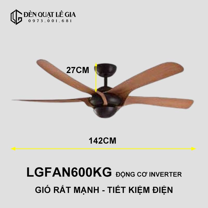 Quạt trần hiện đại LÊ GIA LGFAN600 - Chiều cao 27cm - Sải cánh 142cm - Bảo hành 5 năm