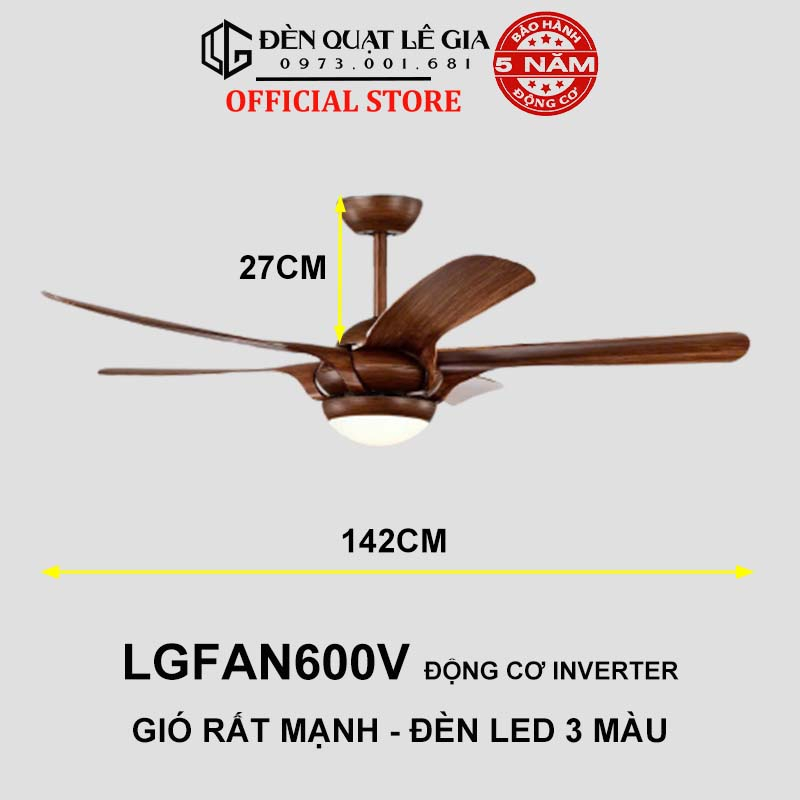 Quạt trần hiện đại LÊ GIA LGFAN600 - Chiều cao 27cm - Sải cánh 142cm - Bảo hành 5 năm