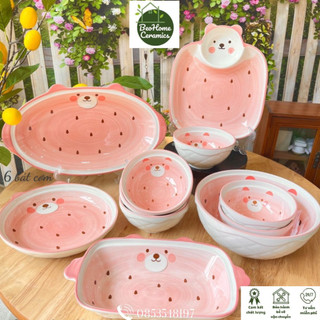 Bộ bát gấu hồng chén đĩa sứ dễ thương đẹp màu hồng bát ăn cơm gốm sứ decor cao cấp