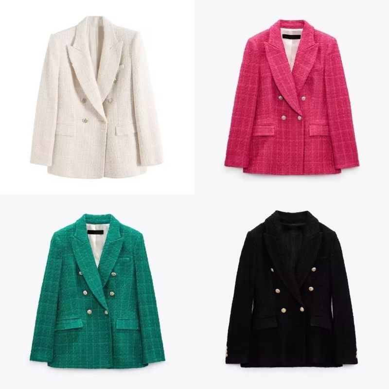 Blazer vải tweed hai hàng cúc 4 màu thu đông 2023