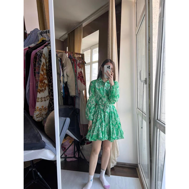 Váy sơ mi zara hoạ tiết dáng ngắn kèm đai eo