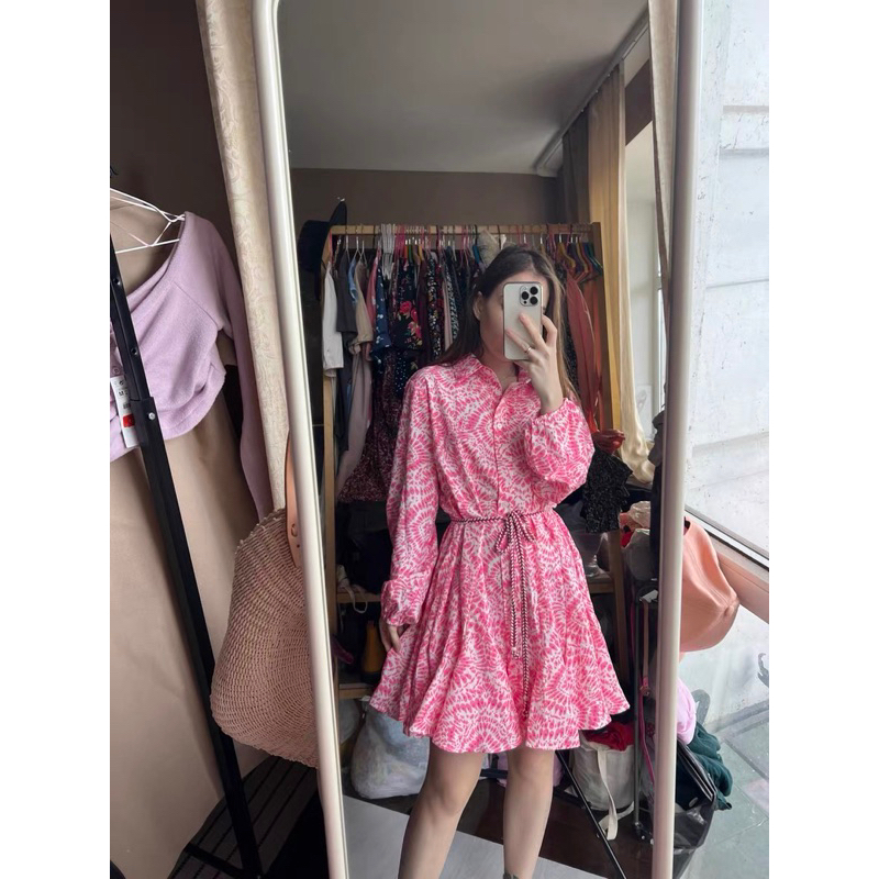 Váy sơ mi zara hoạ tiết dáng ngắn kèm đai eo