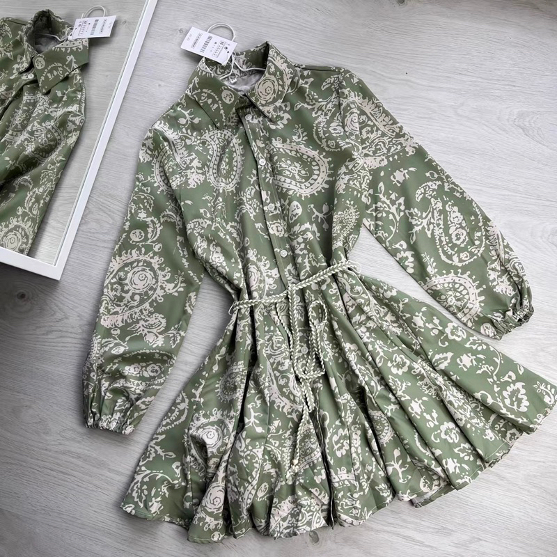 Váy sơ mi zara hoạ tiết dáng ngắn kèm đai eo