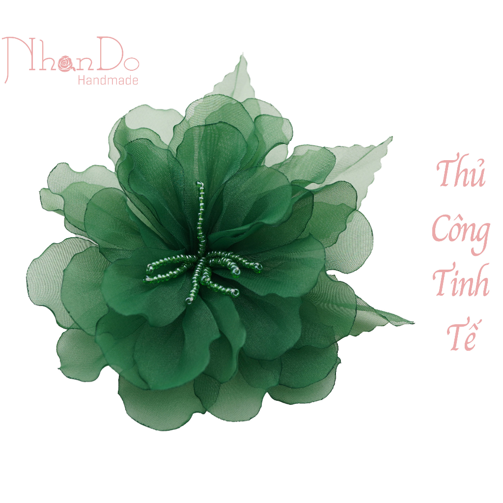 Hoa cài áo thủ công cao cấp -Hoa voan Hàn Xanh lá -size khoảng 9cm- Hoa vải Nhando Handmade