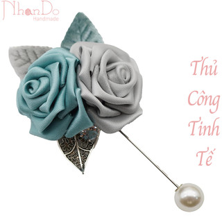 Hoa cài áo thủ công cao cấp- Twins- Màu xám mix xanh nile-size 7cm- Vải lụa-Hoa vải Nhando Handmade