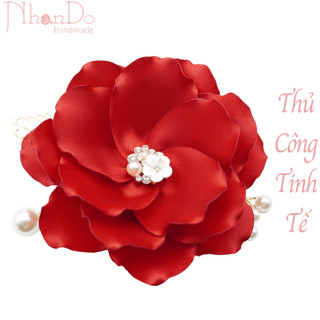 Hoa cài áo thủ công cao cấp- Jasmine- Màu đỏ đô- size 9cm- Lụa-Hoa vải Nhando Handmade