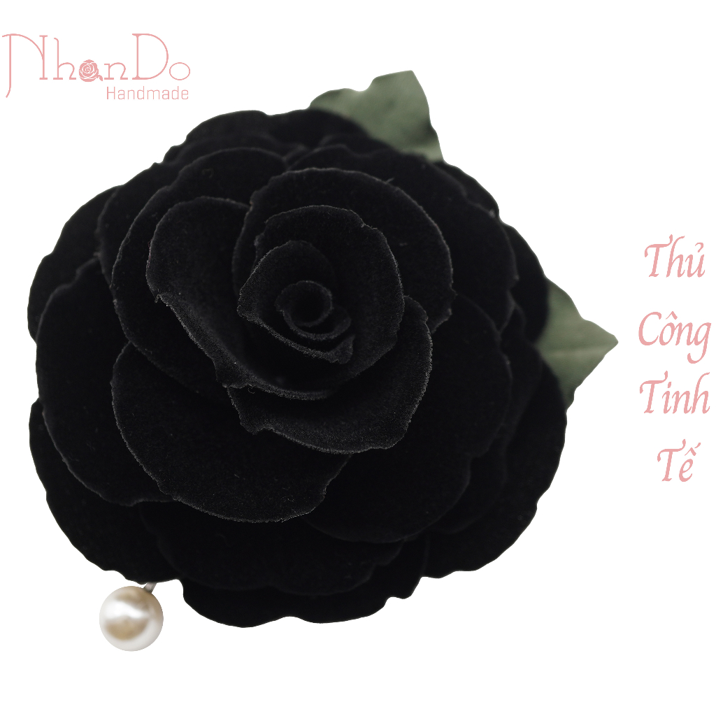 Hoa cài áo thủ công cao cấp- Hồng nhung- Màu đen- size 10cm- Vải nhung- Hoa vải Nhando Handmade