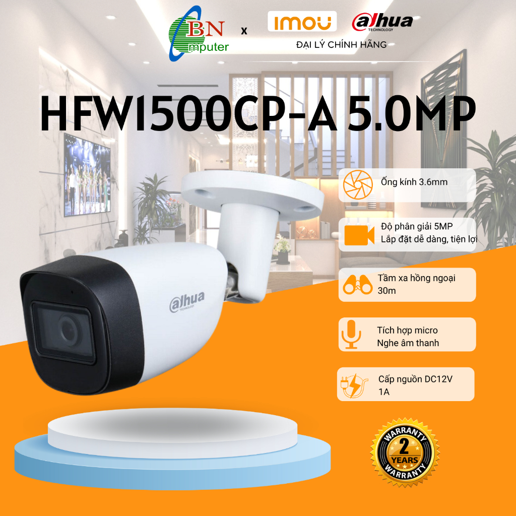Camera analog HDCVI HFW1500CP-A 5MP thân, có micro, bảo hành 24 tháng