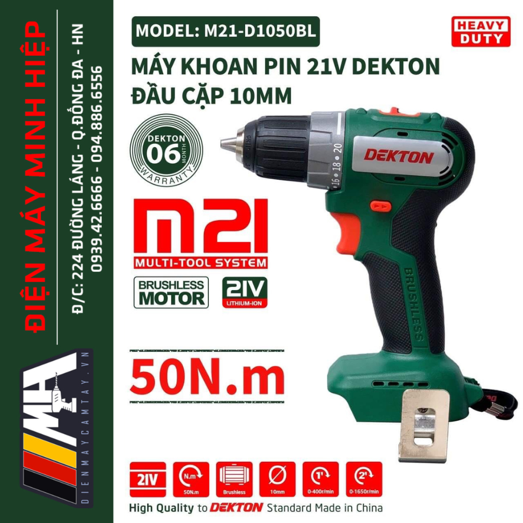Máy Khoan Pin 2 Chức Năng Dekton M21-D1050BL - Đầu Cặp 10mm - Motor Brushless - Lực Siết 50Nm - Chân Pin Phổ Thông