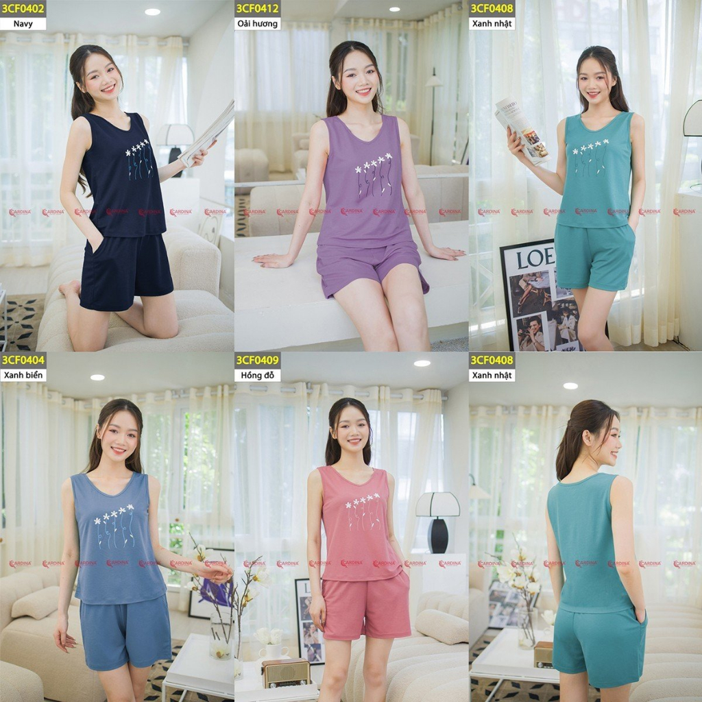 Bộ Nữ 𝐂𝐀𝐑𝐃𝐈𝐍𝐀 Chất Cotton Nhật Cao Cấp Quần Đùi Áo Sát Nách Co Giãn 4 Chiều Thoáng Mát 3CF04