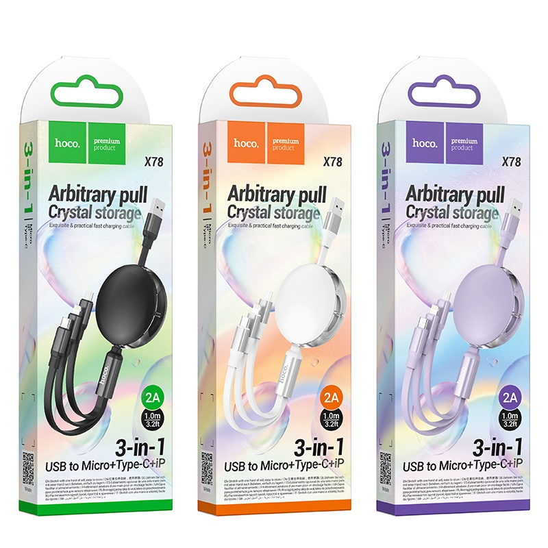 ✅Mới✅Cáp Sạc Nhanh Siêu Bền 3 Đầu Chính Hãng Hoco X78 2.4A 12W Dây Rút Dài 1M Type C /Micro USB/Cho Ip6 7 8 Plus Xs Max