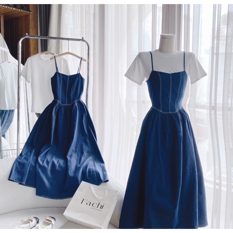 SET ĐẦM YẾM MIDI JEAN 2 DÂY XOÈ + ÁO THUN TRẮNG