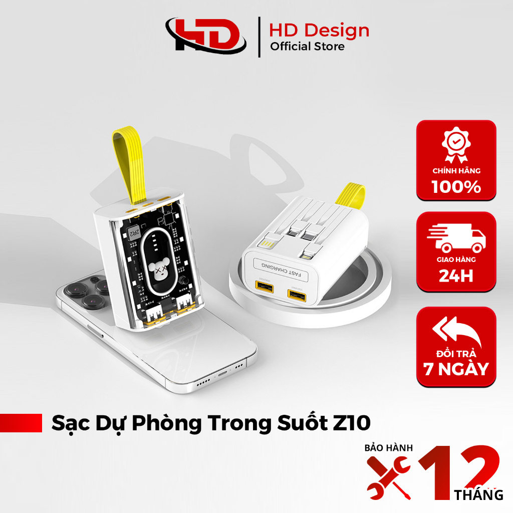 Sạc Dự Phòng Trong Suốt 10000mha Z10 - Sẵn 3 Đầu Sạc Tiện Lợi - Led Hiển Thị Pin - Chính Hãng HD DESIGN