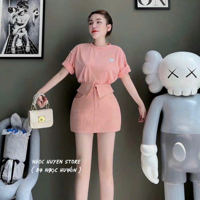 Sét váy tiểu thư áo tay ngắn cổ tròn phối chân váy cạp kiểu kaki màu sắc hồng dịu dàng duyên dáng cho nữ đi chơi đi dạo