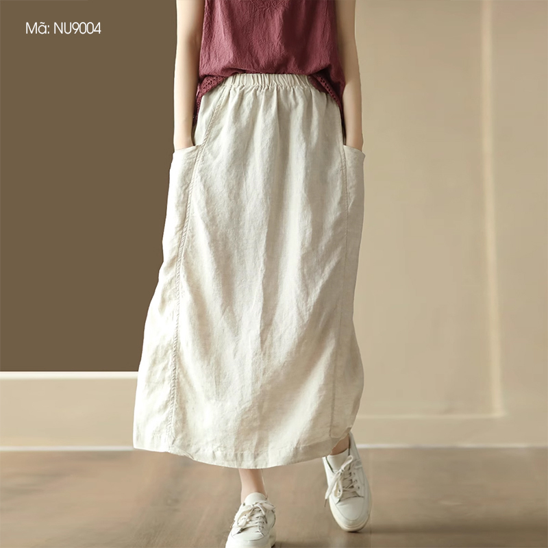 Chân váy linen retro KAMAKA hai túi đính khuy lưng thun - NU9000