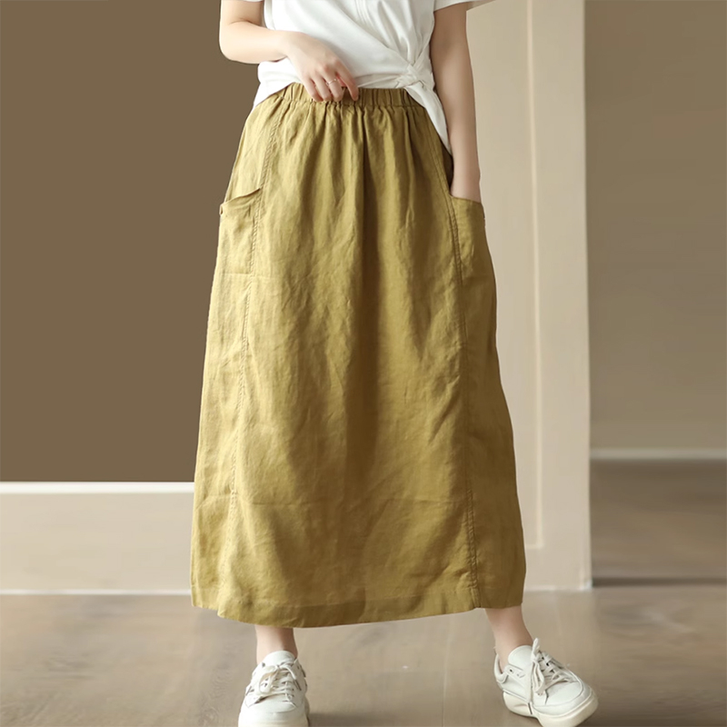 Chân váy linen retro KAMAKA hai túi đính khuy lưng thun - NU9000