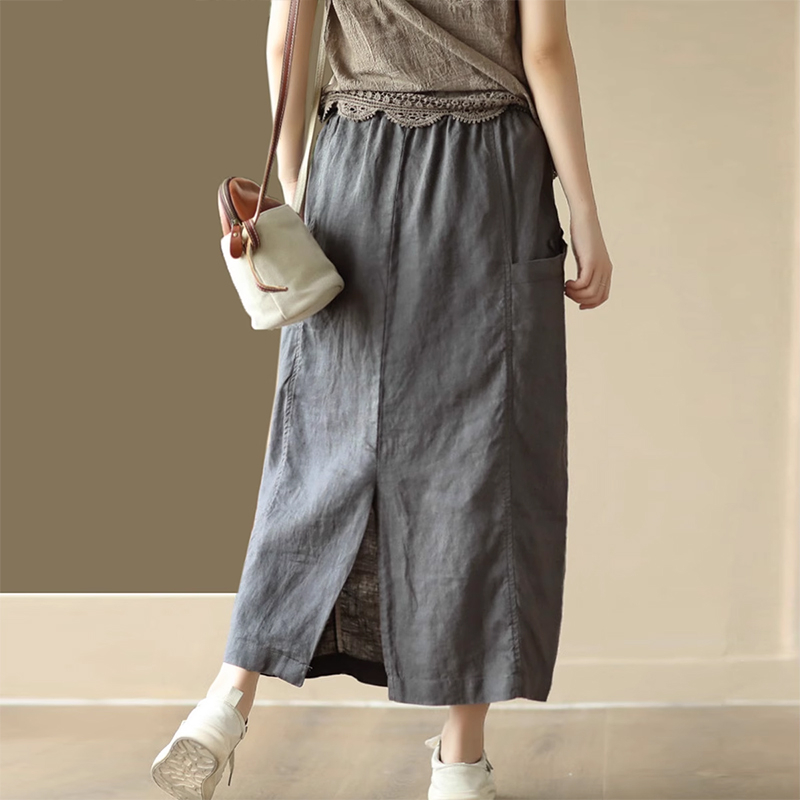 Chân váy linen retro KAMAKA hai túi đính khuy lưng thun - NU9000