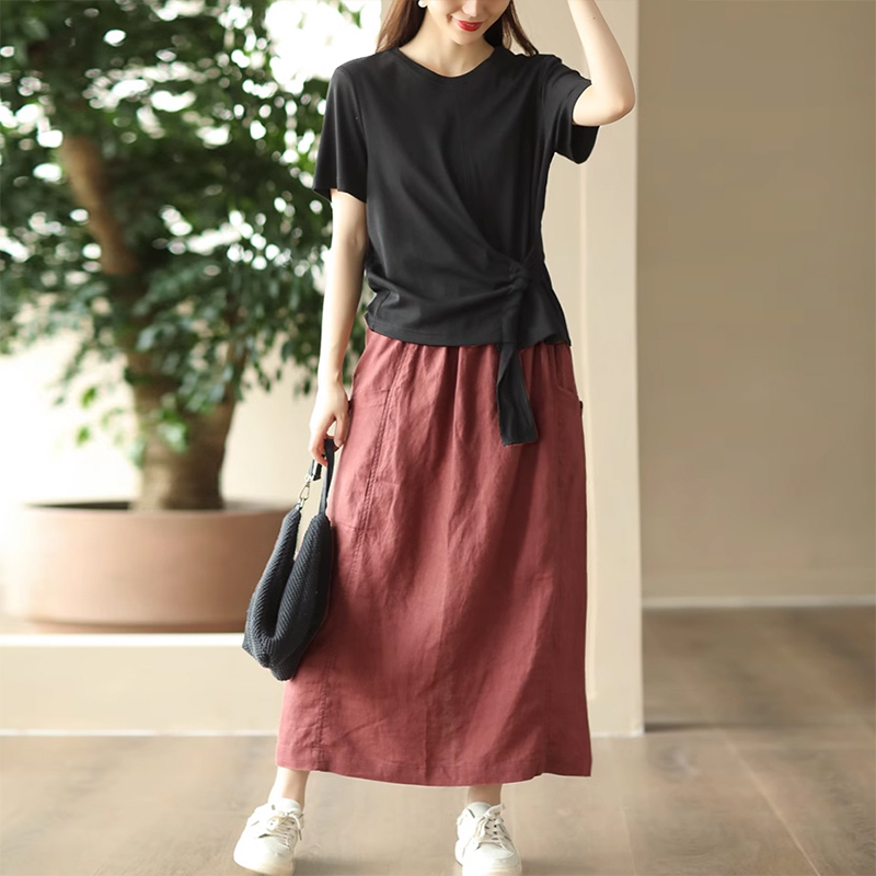 Chân váy linen retro KAMAKA hai túi đính khuy lưng thun - NU9000